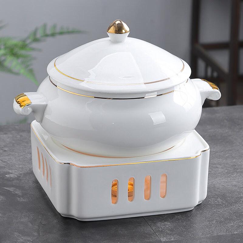 Jingbaodi Ceramic Double-Handle Soup Pot with Candle Warmer