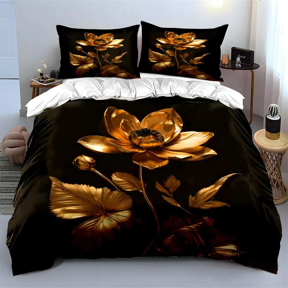 Goldenes Florales Kunstwerk Dekoratives Set Weiche Bequeme Bettbezug Bettwäsche-Set Enthalten 1*Bettbezug & 2*Kissenbezüge Geschenk