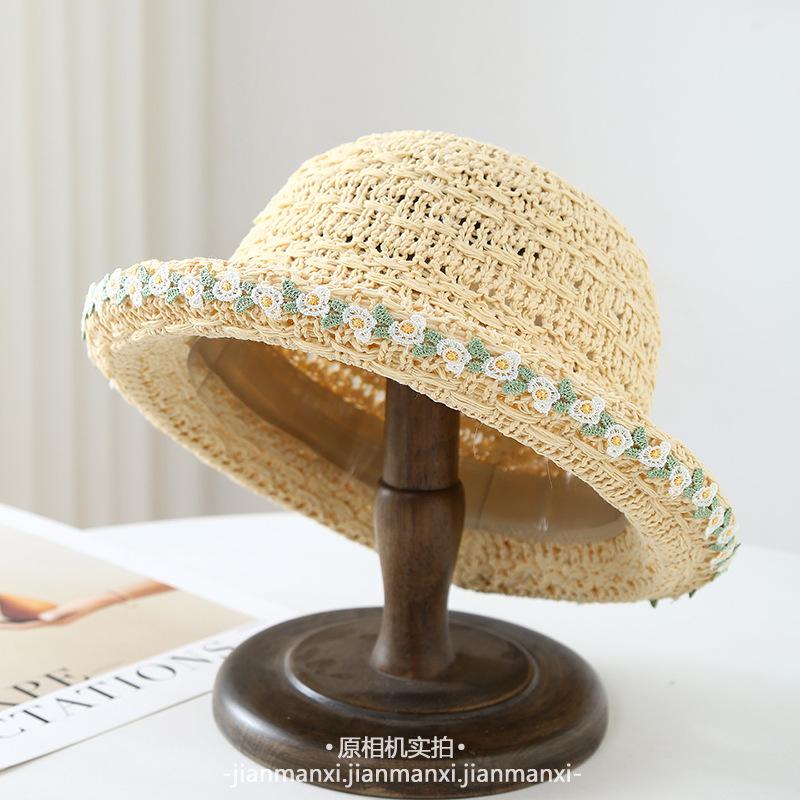 Summer Knitted Brim Bucket Hat Lace Hat Women Breathable Mesh Beach Straw Sun Hat Outdoor Wide Brim Visor Cap