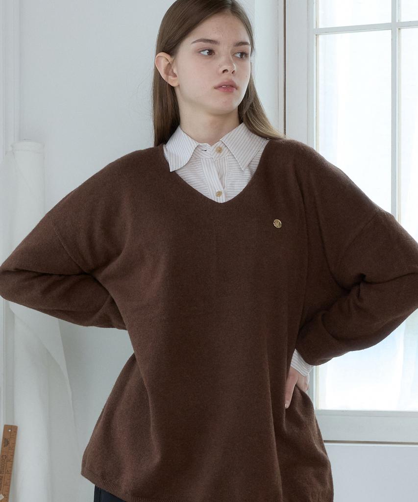 Hillioteu Loose V-Neck Sweater_Brown