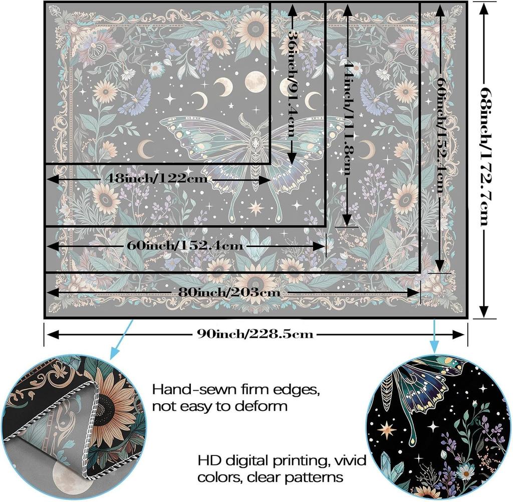 Mystic Celestial Butterfly Tapestry,Boho Moon Phase Sunflower Crystal Print Large Wall Hanging for Bedroom Living Room Aesthetic