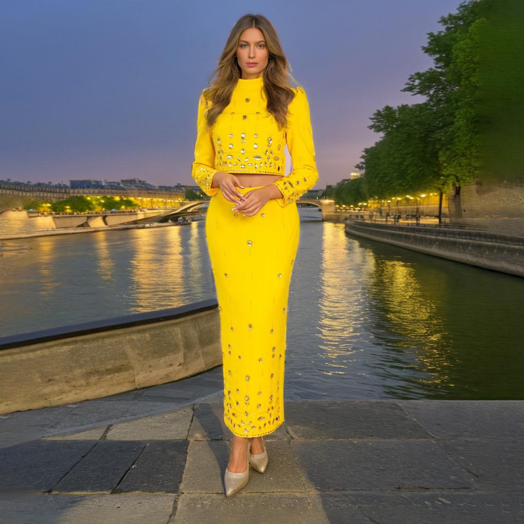 

2025 Chic Socialite Beaded Rhinestone Crop Top & High-Waisted Midi Skirt Set Large жёлтый