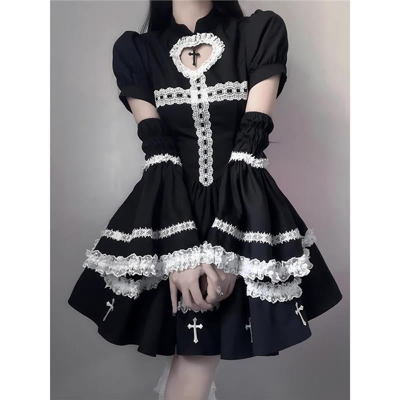 Autumn Japanese Style Gothic Cosplay Party Dress Women Long Sleeve Ruffle Lace Black Mini Dresses Y2k Vintage Lolita Dress New