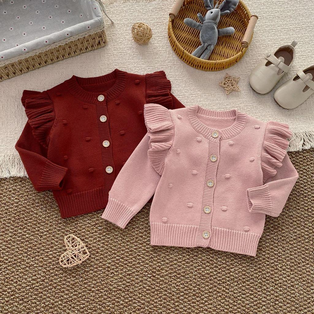 2026 Girls' Pure Cotton Long Sleeve Flutter Cardigan - Autumn/Winter Knit Jacket Top