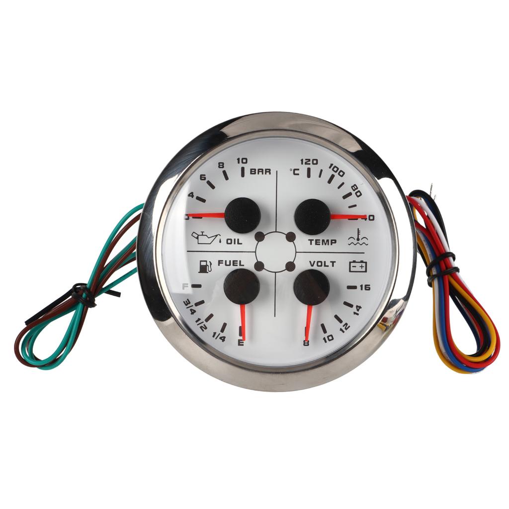 4in1 85mm Guage Multifunction Fuel Level Oil Pressure Water Temp Volt Meter DC 9‑32V for Car RV Boat Motorcycle White