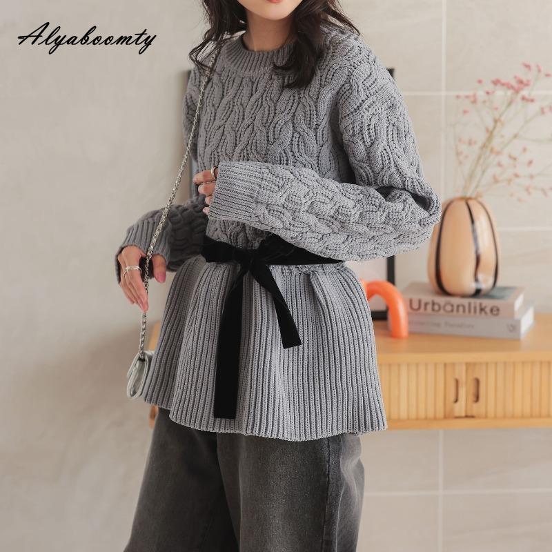 2025 Koreanischer Stil Frühling Herbst Damenpullover Kurzer O-Ausschnitt Aprikose Grau Uni Gestrickter Pullover Elegant Feminin Damenpullover mit Schärpen