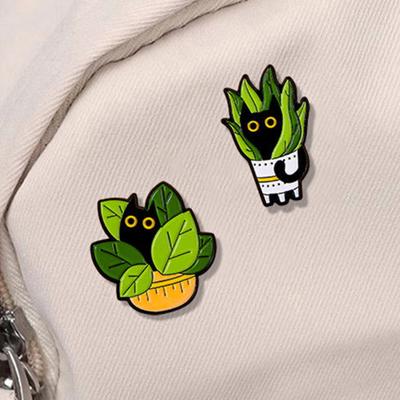 Yousheng Enamel Brooch Cartoon Green Plant Cat Shape Lapel Pin Jackets Hats Sweatshirts School Bags Badge Outfit Accessory