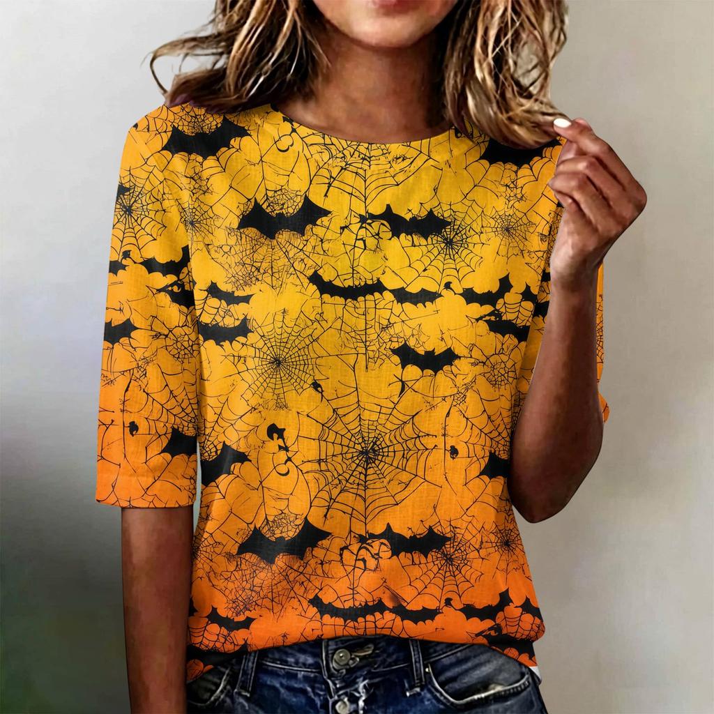 Women Casual Loose Fit Short Sleeve T Shirt Round Neck Lightweight Halloween Pumpkin Web Pattern Top