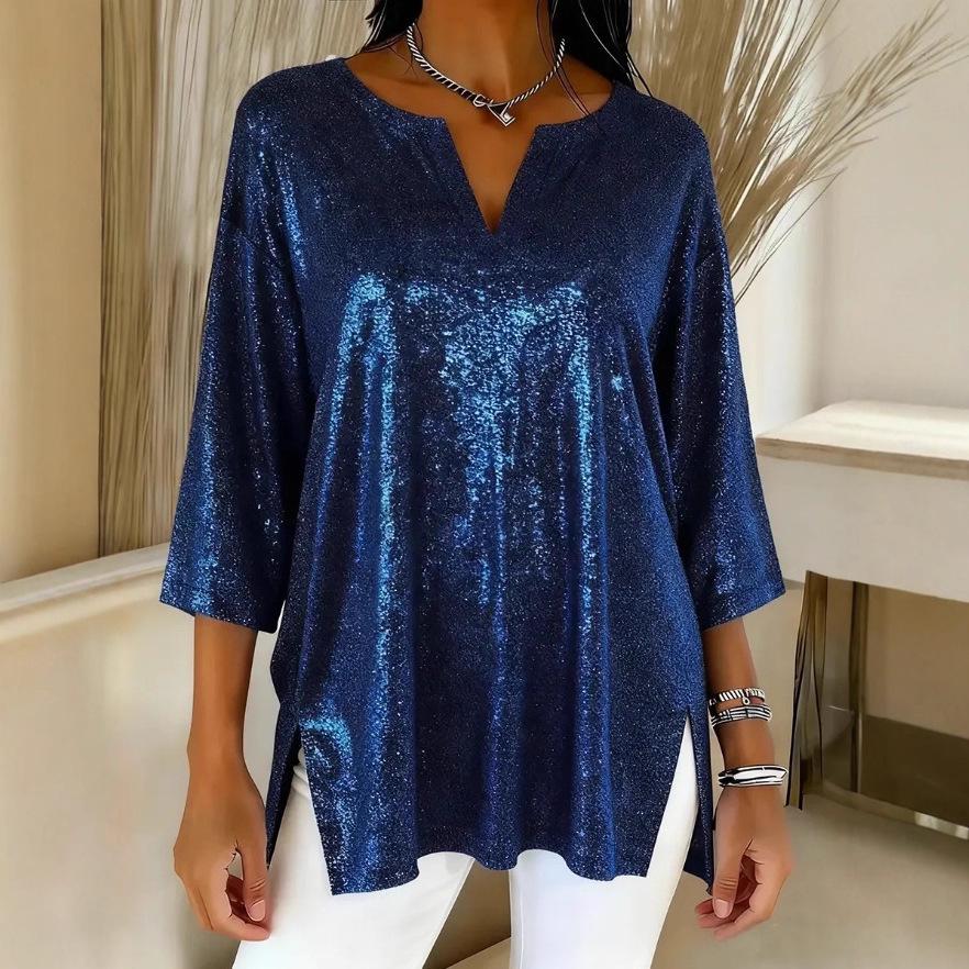 2025 Shiny V-Neck Loose Long Sleeve Slit Top for Women