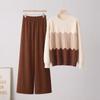 Fashion Suit Casual Contrast Color O-neck Long-sleeved Knitted Sweater High Waist Slim Wide Leg Pants Two-piece Pants for Women