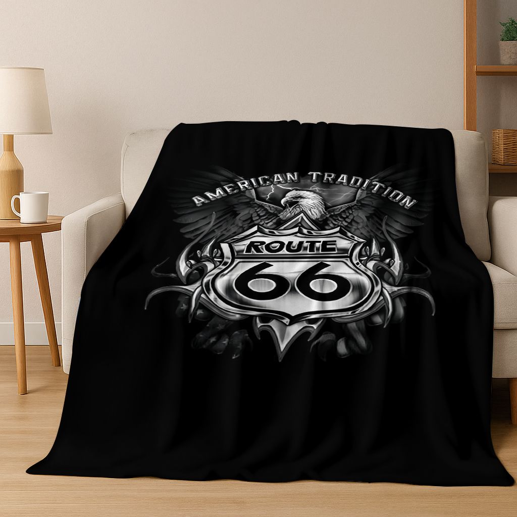Retro Route 66 Road Trip America Historic Mother Road Art Flannel Blanket,Cozy Soft Throw Blanket for Home Bedroom Bed Sofa Gift 75x90cm