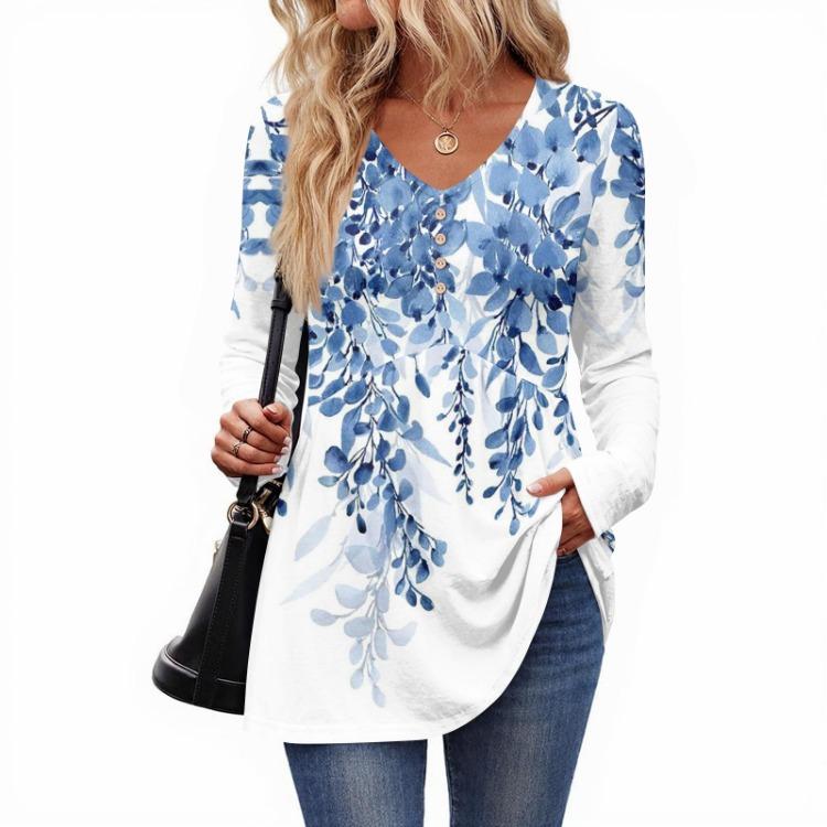 Retro Floral Print Long Sleeve Top Women Casual V Neck Button Blouse