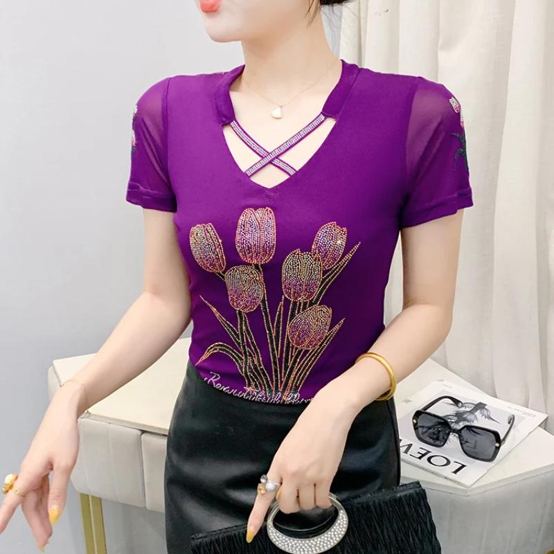 Summer New Fashion Korean Clothes Women's T-shirt Luxury Flower Hot Diamonds Tees Sexy Streetwear Girls Slim Short Sleeve Tops