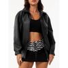 Womens Oversized PU Leather Jacket Loose Fit Long Sleeve Turn-Down Collar Casual Coat
