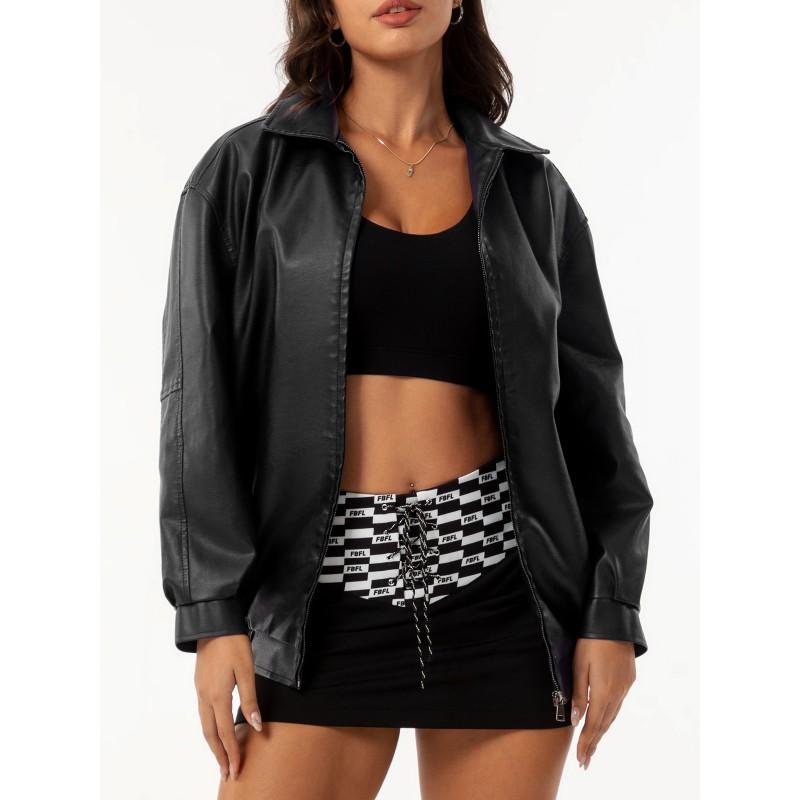 Womens Oversized PU Leather Jacket Loose Fit Long Sleeve Turn-Down Collar Casual Coat