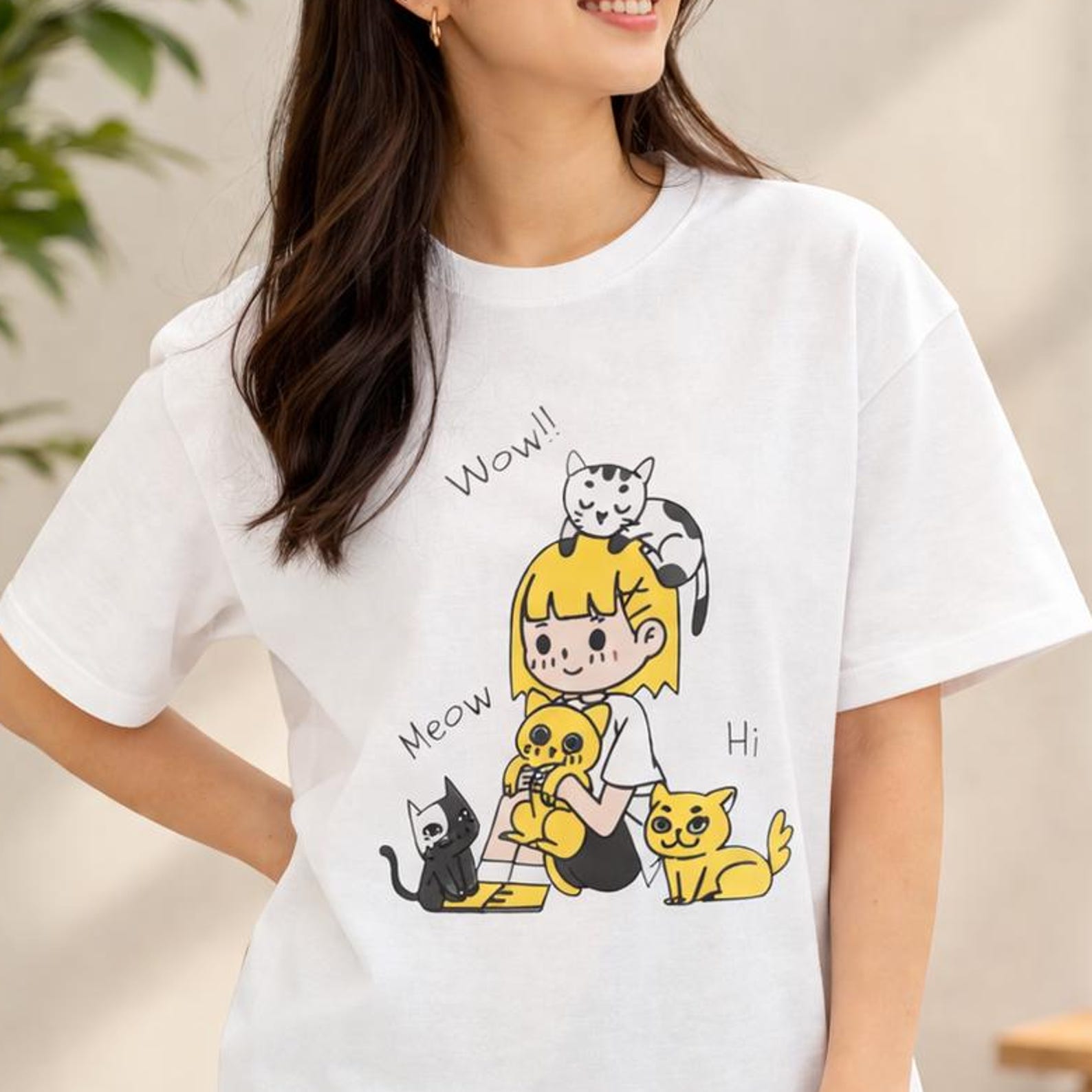 Oversized Girl with Cats Illustration Tee | Whimsical Kitten Cartoon Shirt S