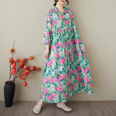 Übergröße Damen Vintage Baumwolle Blumenkleider Lässig Locker Lang Frühling Sommer Blumenmuster Kleid Elegant Kapuzen Leinenkleid