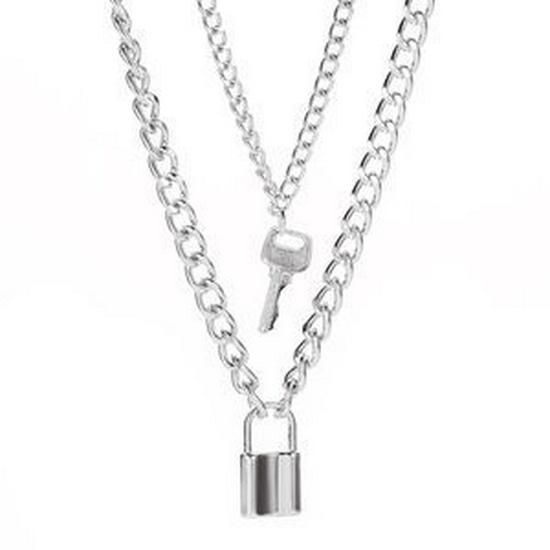 Women s Punk Multi-layer Stainless Steel Necklace with Heart, Cross, and Key Lock Charms