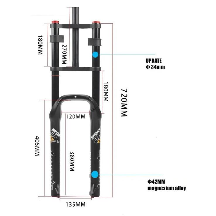 HIMALO 26 Zoll Fat Tire Schnee-Fahrradgabel 34mm Übergröße 135mm Ausfallende Luftfederung mit einstellbarer Dämpfung Fahrradzubehör
