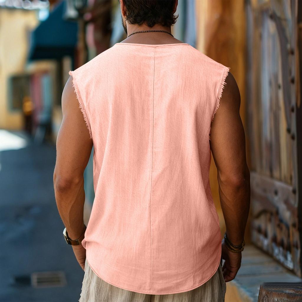 Men’s Sleeveless Henley Shirt Casual Loose Fit Linen Top with Armholes and Button Placket for Summer Daily Wear