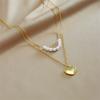 Titanium Steel Layered Pearl Necklace with Heart Pendants