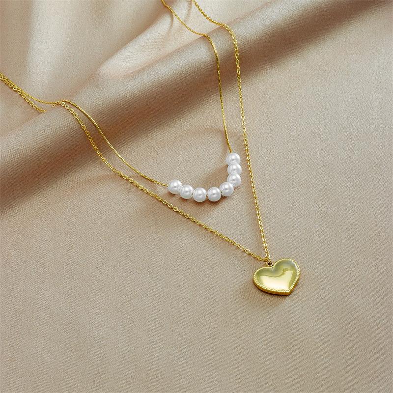Titanium Steel Layered Pearl Necklace with Heart Pendants