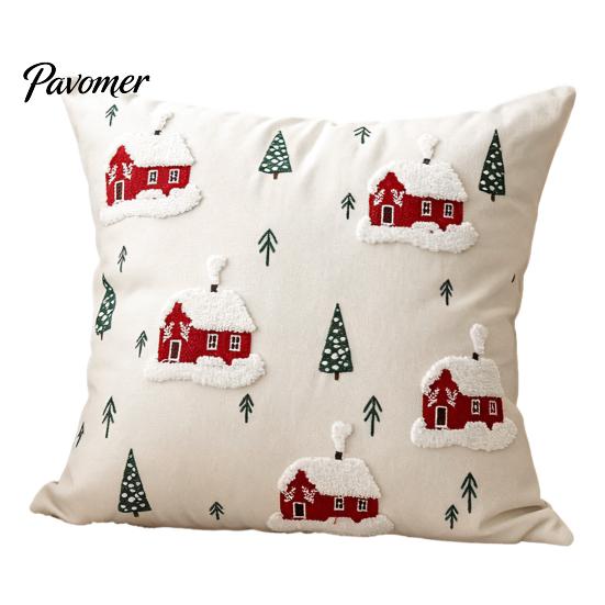 Modern Living Room Pillow Protectors Christmas Cottage Cushion Cover, Red Snowy House Pillowcase, Decorative Soft Canvas Square Covers Throw Case for