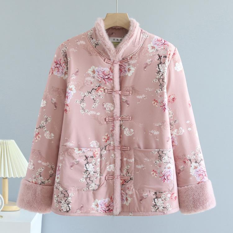

Матери носят китайское хлопковое пальто с бархатным хлопковым пальто в китайском стиле зимой, утолщенную хлопковую куртку, хлопковую куртку, куртку с ретро-застежкой 4XL розовый
