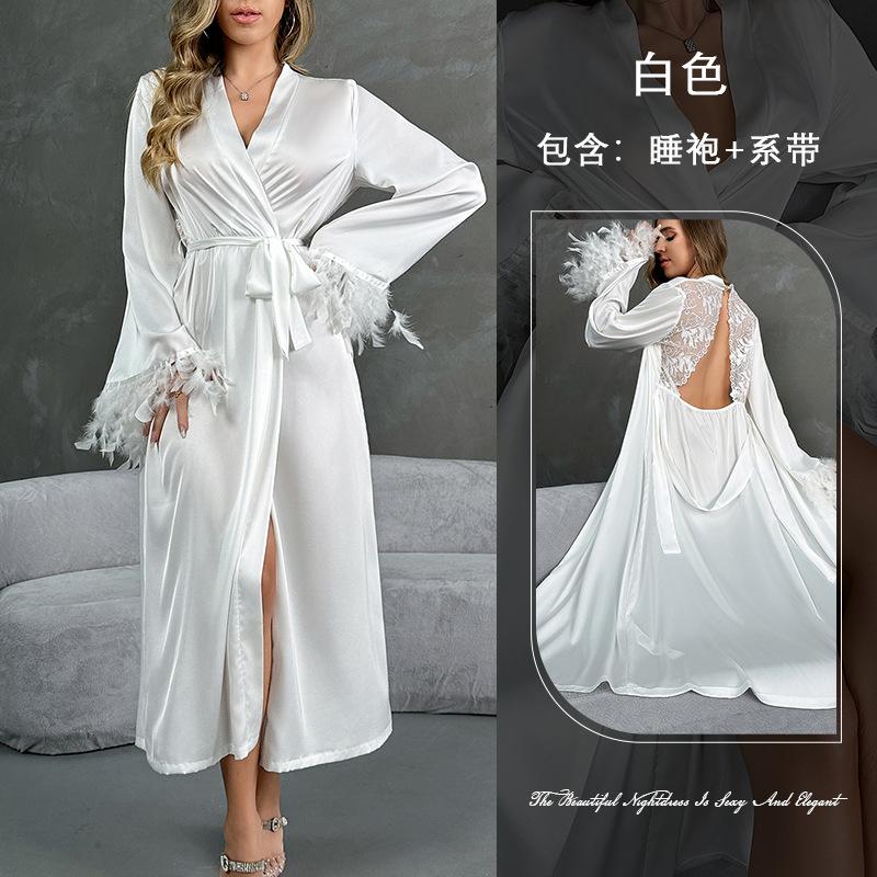 European and American long nightgown lace satin splicing fluffy cuffs sexy backless loungewear pajamas women S белый