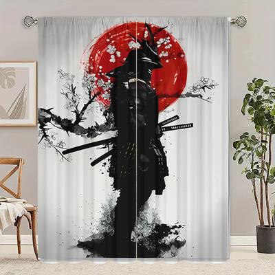 2pcs- Cherry Blossom Sunset Samurai Polyester Curtains, Pole Bag Curtains 42*84, Bedroom, Living Room, Home Room Decoration