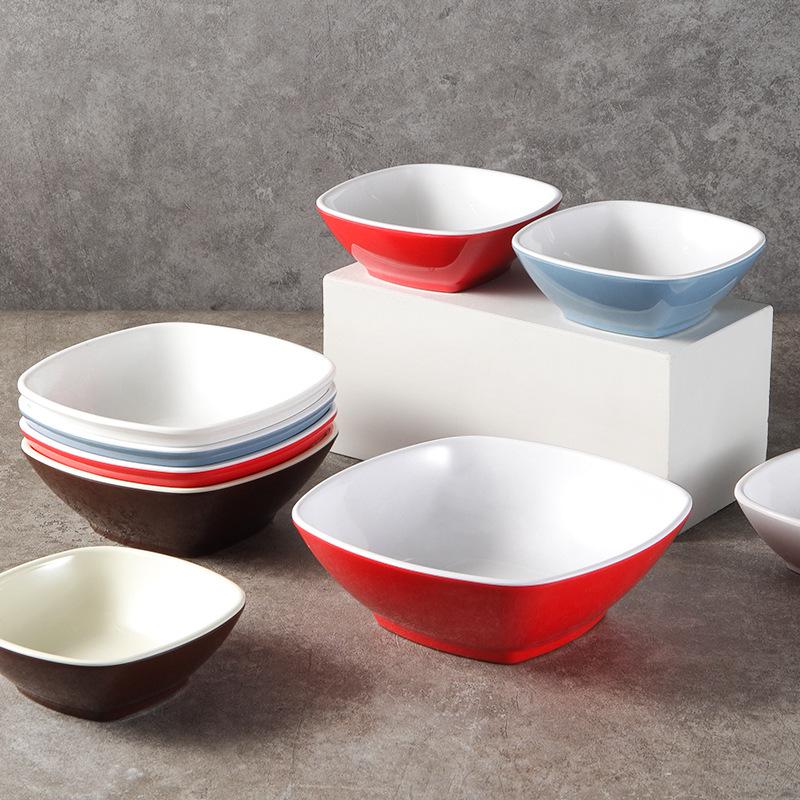 Melamine Imitation Porcelain Square Plastic Bowl for Restaurants and Hotels - Perfect for Fast Food, Barbecue, Bibimbap, and Desserts.