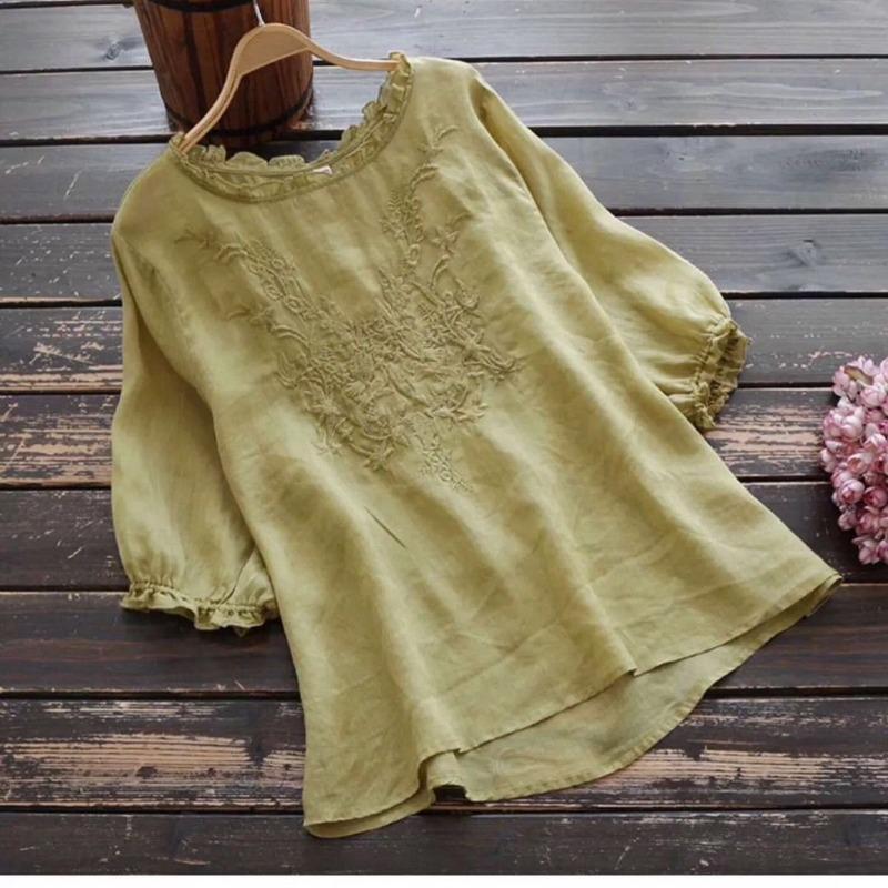 Dámské letní prodyšné tenké tričko s výšivkou velké velikosti v etnickém stylu