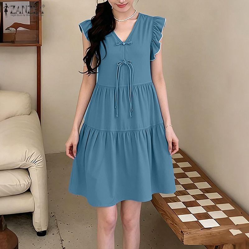 ZANZEA Women Elegant V-Neck Casual Ruffles Short Sleeve Summer Dress