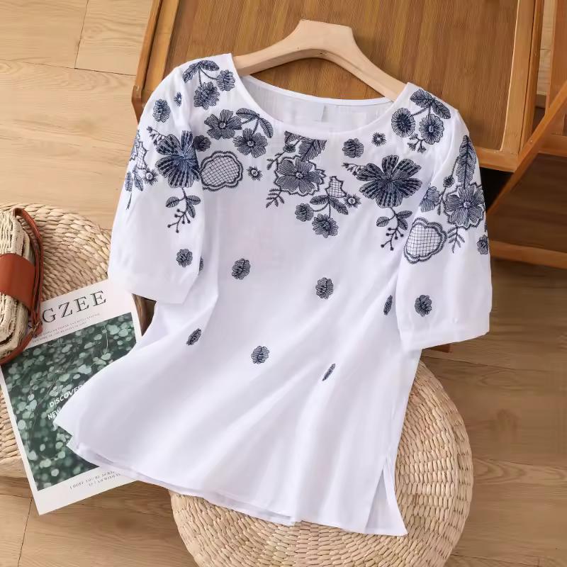 Women's Retro Embroidered Short Sleeved Loose and Thin Breathable T-shirt, Summer Artistic Slimming Casual Top