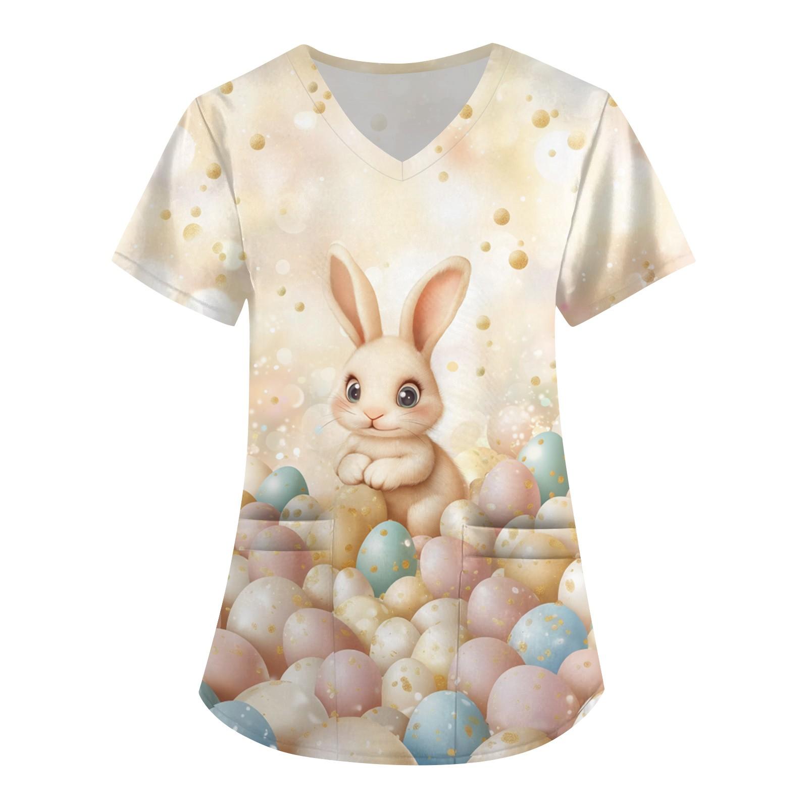 

Женская мода V-образный вырез короткий рукав комбинезон с карманами пасхальный принт топы одежда XXL бежевый