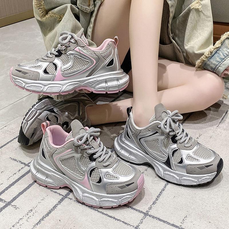 Silver women's 2025 summer new soft leather thick sole heightened mesh breathable casual shoes thick sole