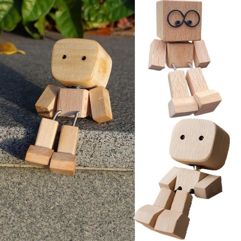 Swaying Wooden Man Figurine Car Ornament - Hand Carved with Magnetic Base, Head Shaking Stress Reliever for Dashboard & Desk, Cr