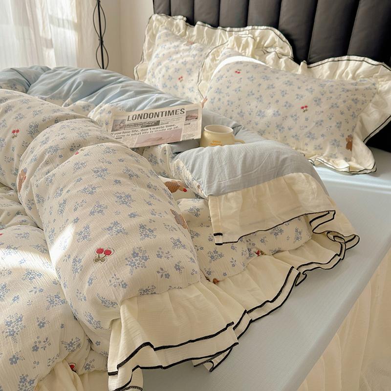 Sleep Grid Double-layer Yarn Wrinkled Yarn Korean Fresh Style Bed Skirt Four Piece Set
