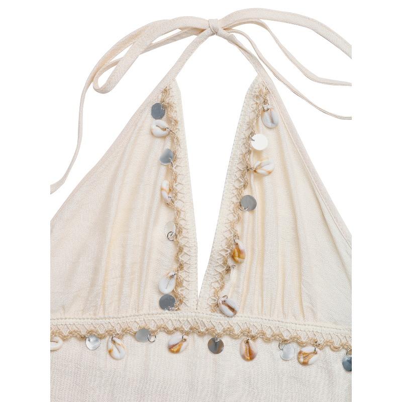 Women's Fashion Summer Spring Solid Color Print Sleeveless Hanging Neck High Waist Casual Dresses