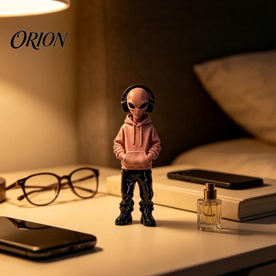 Home Office Desk Accent 3D Printed Alien Figurine with Hoodie And Headphone, Trendy Desktop Decor Ornament, Cyber Style Statue for Gaming Room
