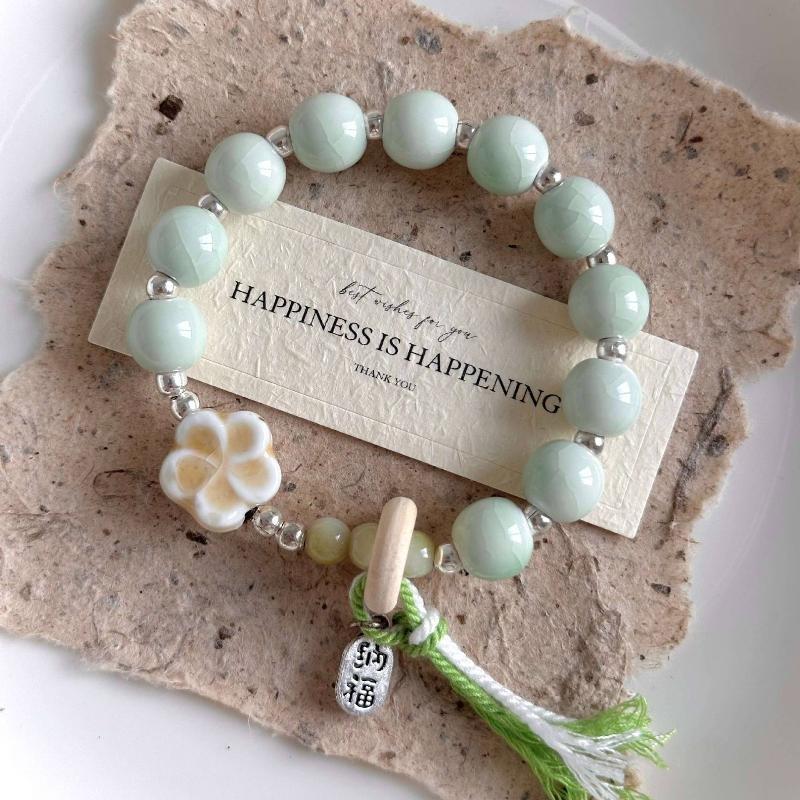 Boho Keramik Perlen Armband für Damen Zartrosa Rund mit Marmor Quadratischen Perlen, Elastisches Dehnbares Design für den Alltag & Geschenk