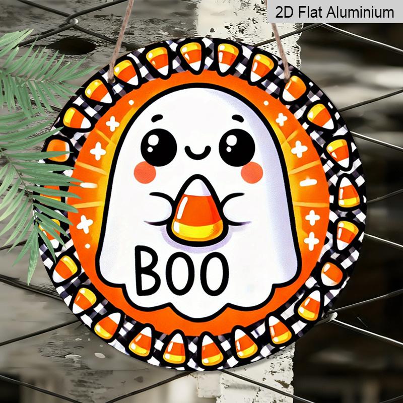 2D Flat, 1pc Round Aluminum Hanging Sign, Halloween Candy Corn Round Sign - Spooky "BOO" Decor for Home, Kitchen, Garage, Garden, Yard, And Office