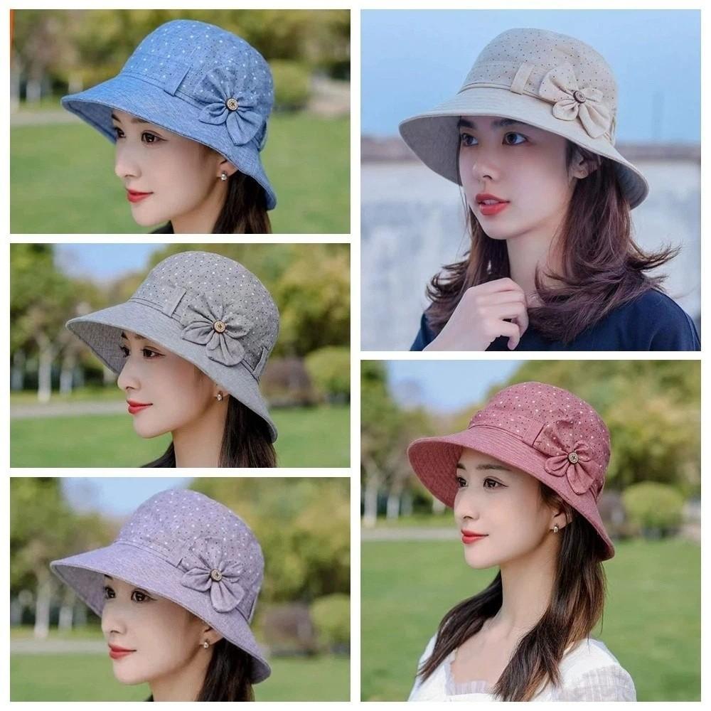 Wide Brim Bow Fisherman Hat Button Cloth Material Bucket Hat All-matching Design Thin Elderly People's Large Brim Cap Travel