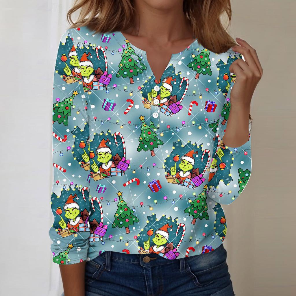 Women's Fashion Casual V-Neck Long Sleeve Decorative Button Christmas Print Top