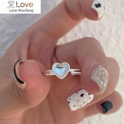 Luxury 925 Sterling Silver Anillos Colorful Glass Heart Rings for Women Men Crystal Moonstone Heart-shape Adjustable Open Bague