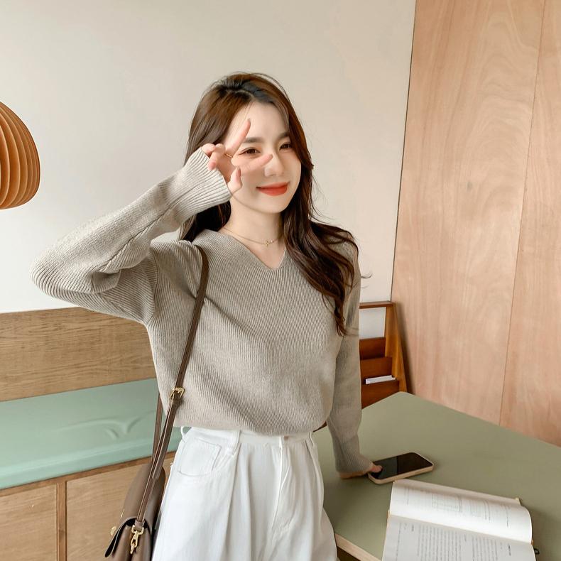 Svetr s výstřihem do V jednobarevný pro ženy s dlouhým rukávem s volnou pleteninou uvnitř pulovr ležérní tenký podzimní a zimní svetr