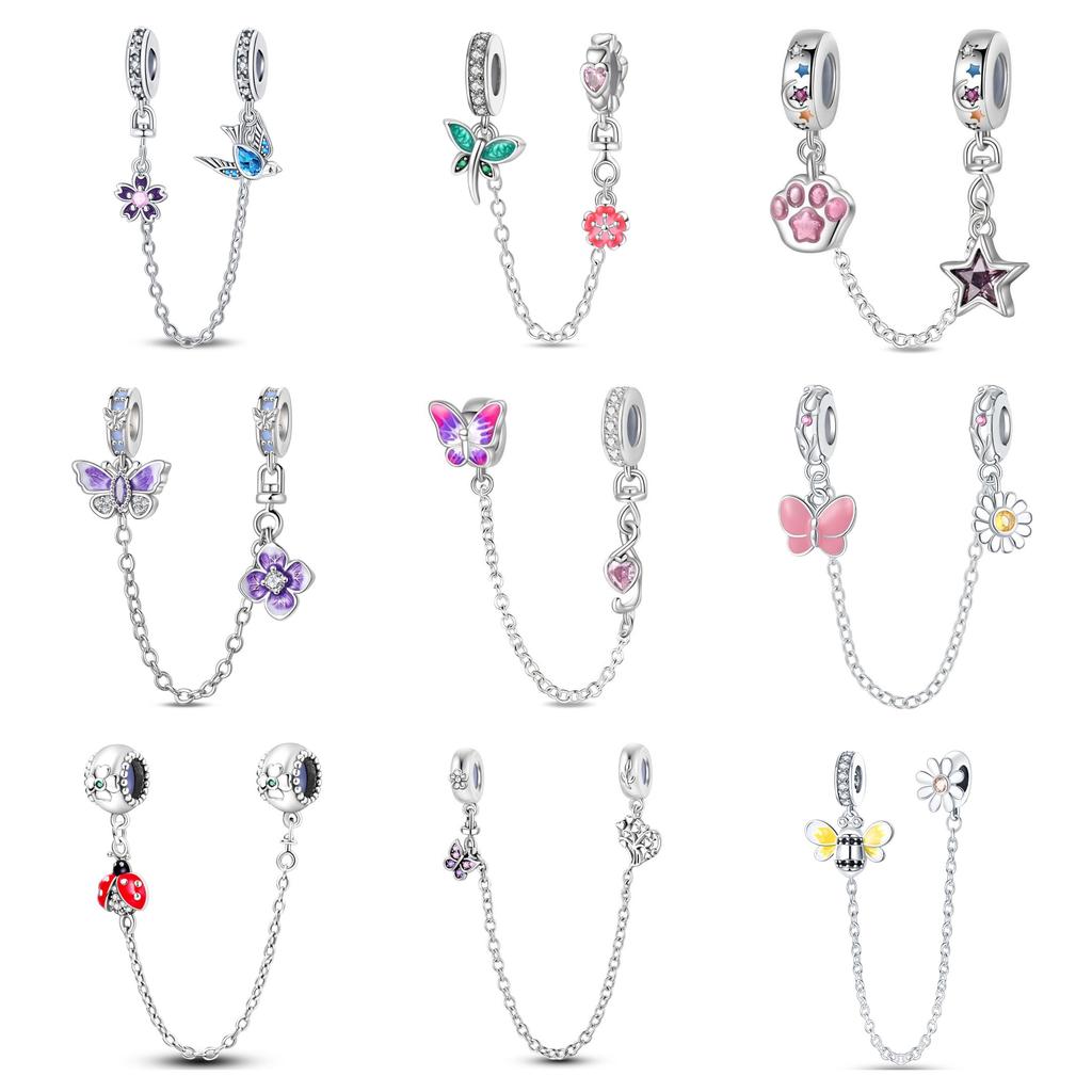 925 Silver Clover Ladybug Bee Butterfly Safety Chain Charm Fit Original Bracelet Pendants Dangle DIY Jewelry For Woman