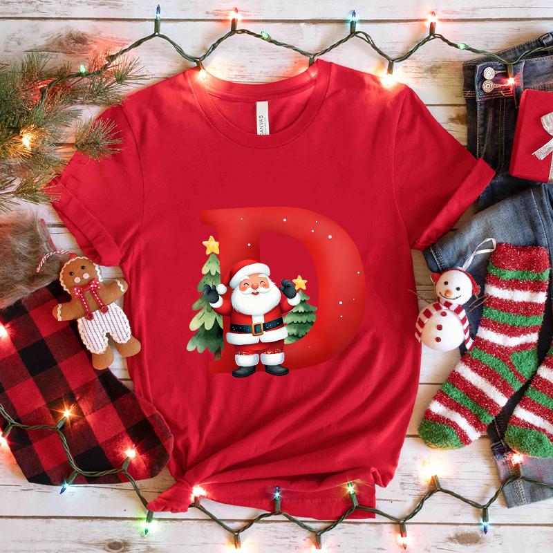 Santa AZ Alphabet Womens Tshirt Christmas Party Casual Tee with Graphic Print Holiday Fashion Y2k Tops for Female Clothing
