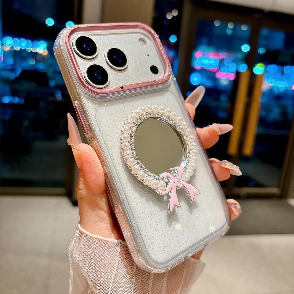 Stylish Pearl Makeup Mirror Case for iPhone 17 S26 ULTRA: Glitter Rhinestone Frame Protective Cover