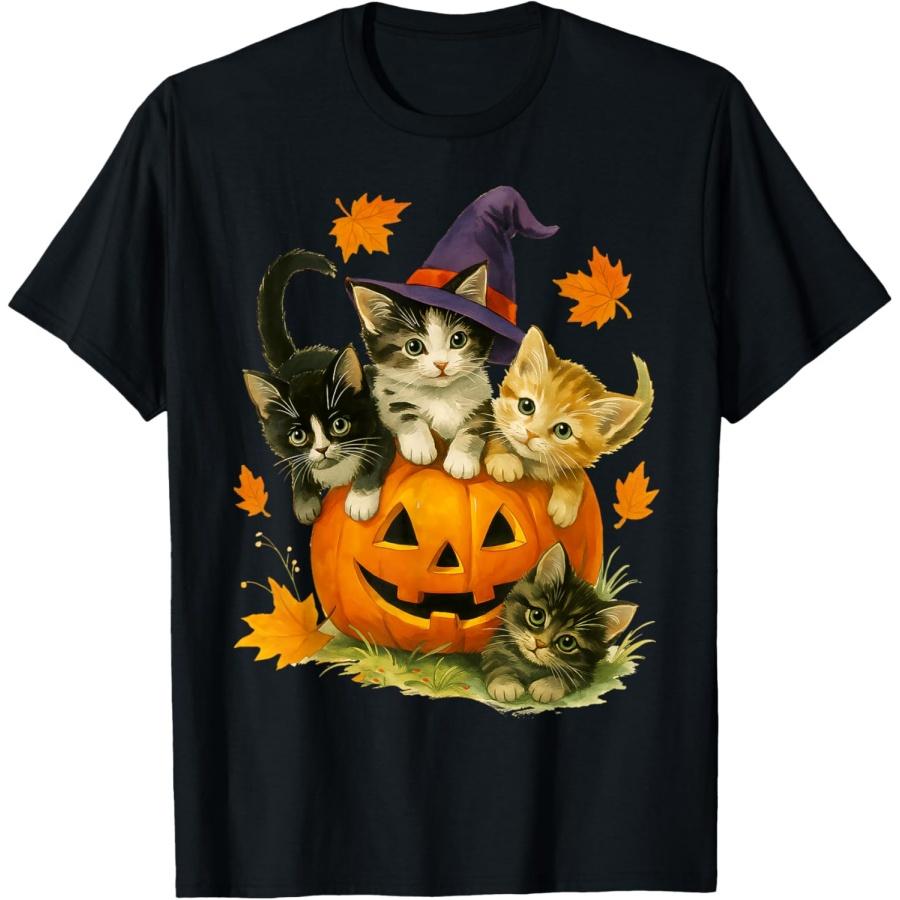 Cute Cat Pumpkin Halloween Spooky Season Vintage Men Women Kids T-Shirt(1) S
